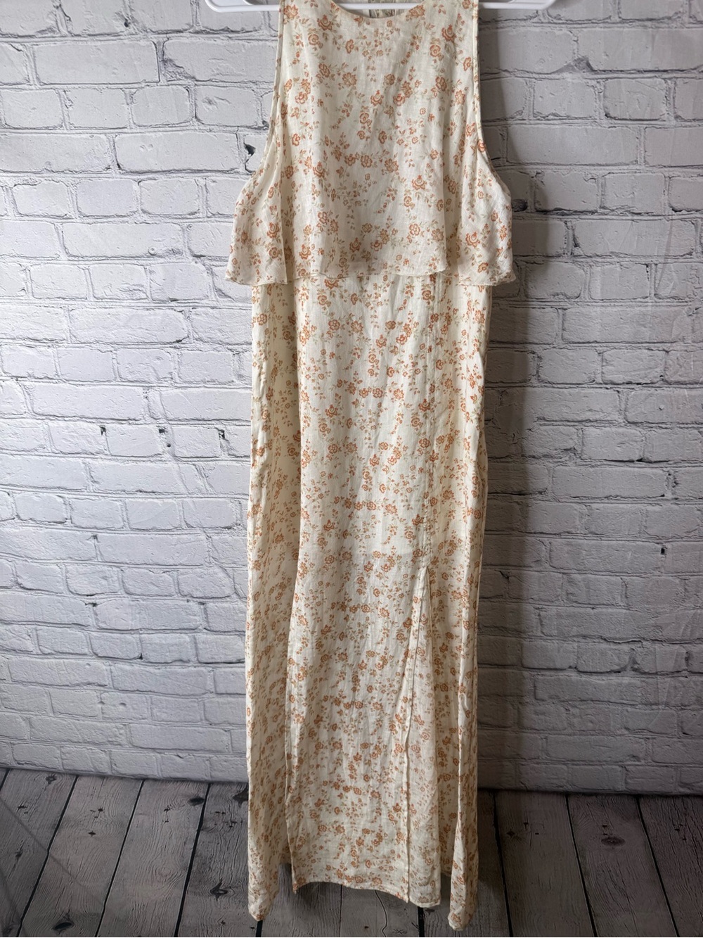 Free people linen blend tiered maxi dress with slits cream floral size small